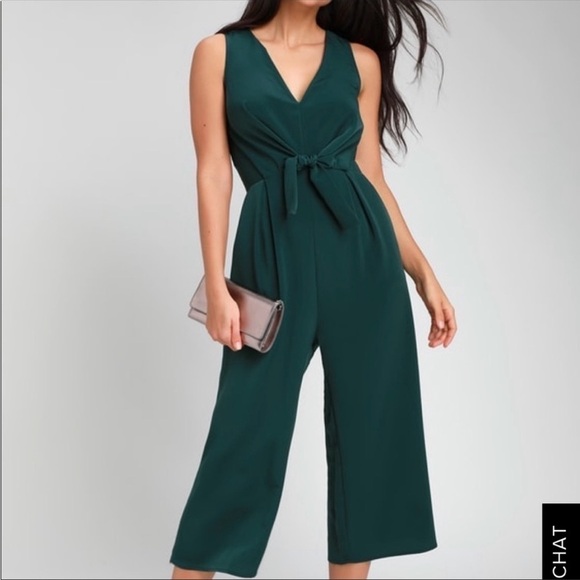 LULU’S Minette Dark Green Tie-Front Wide-Leg Jumpsuit Size S New With Tags - Picture 1 of 16